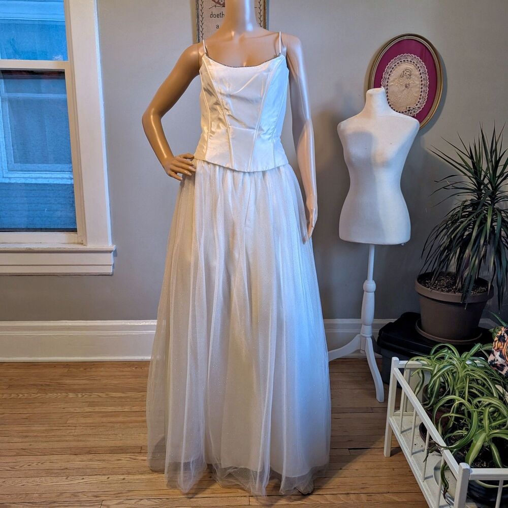 Vintage Y2K Gunne Sax Prom Gown Corset Rhinestone Glitter Princess Bridal 11